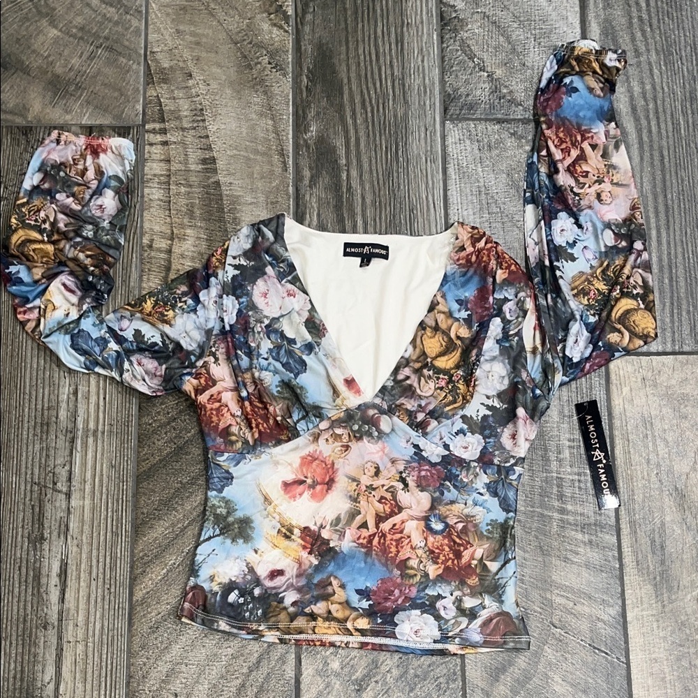 NWT Almost Famous Women's Multicolor Floral Blouse w/ cherubs